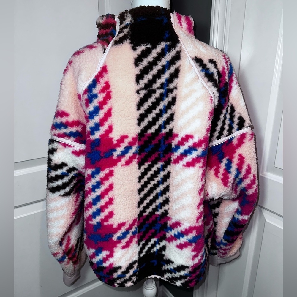 SO XXL Oversized Sherpa Fleece Pullover Plaid Zip High Neck Cozy Jacket - Picture 3 of 11